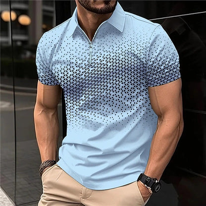 Men's Wear New Independent Site Supply Casual Color-Block Polo Zipper Turn-Down Collar Shirt Short Sleeve
