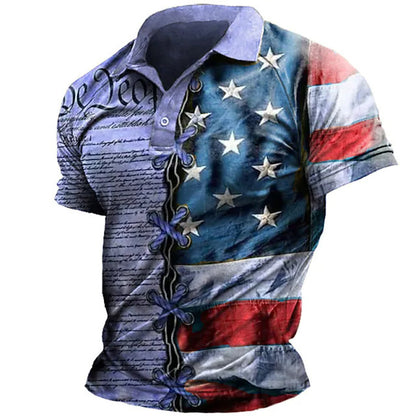 Bestseller Fashion Men's Turn-Down Collar Button Polo Shirt American Independence Day Print Direct Shipping