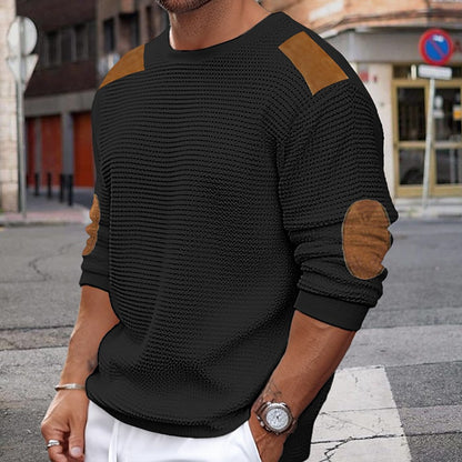 New Men's Knit Sweater Round Neck Long-Sleeve Patchwork Pullover Slim-Fit Top
