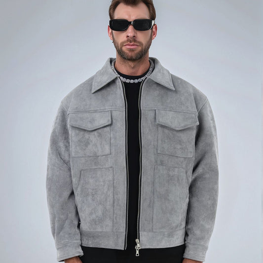 Men's Suede Leather Zip-Up Pocket Lapel Casual Jacket