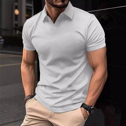 Wish Men's Summer Sport Fitness Casual V-Neck Elastic Texture Short Sleeve Polo Shirt