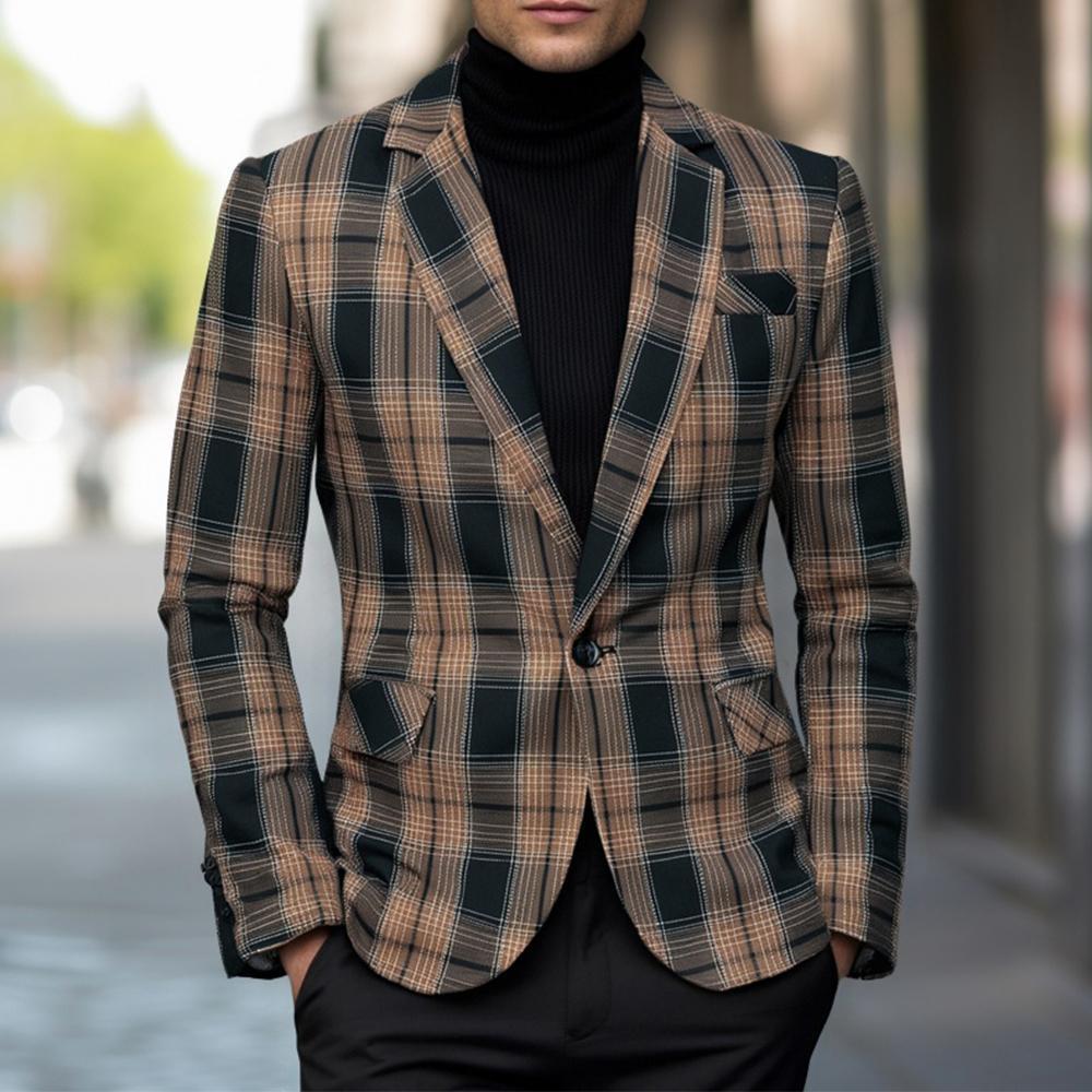 New Spring Men's Fashion Casual Checkered OneButton Blazer