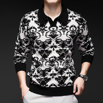 Men's Turn-Down Collar Knit Sweater – Trendy Printed Base Layer for Youth