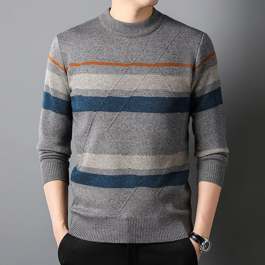 New Casual Round Neck Striped Sweater Middle-Aged Men's Thickened Warm Jacquard Anti-Pilling Knit