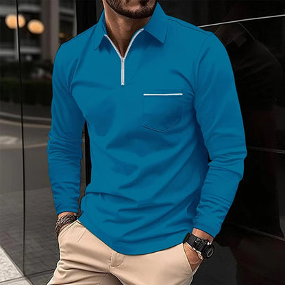 Ins Autumn Polo Shirt Zipper Pocket Men's Long Sleeve Sport Polo Shirt