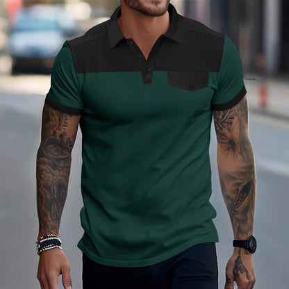 New Men's Waffle Knit Turn-Down Collar Color-Block Chest Pocket Button Polo Shirt