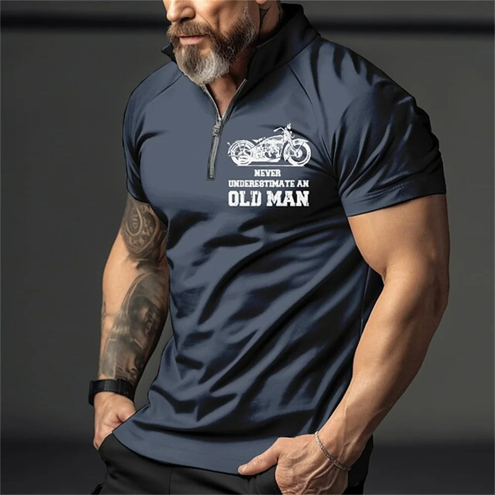 Retro Short Sleeve Men's Polo Shirt Motorcycle 3D Print Turn-Down Collar Zipper Men's Top High Quality Casual Wear
