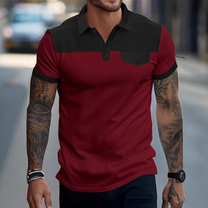 New Men's Waffle Knit Turn-Down Collar Color-Block Chest Pocket Button Polo Shirt