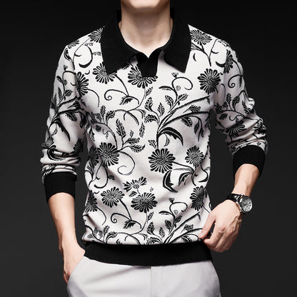Men's Turn-Down Collar Knit Sweater – Trendy Printed Base Layer for Youth