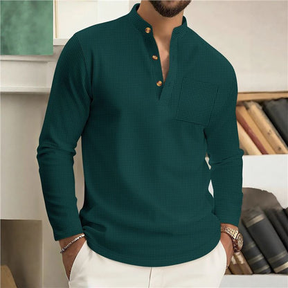 Autumn Men's New Waffle Knit Solid Color Stand Collar Pocket Long Placket Button Long Sleeve Polo Shirt