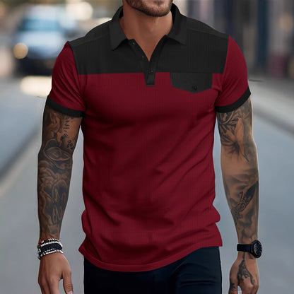 New Men's Waffle Knit Turn-Down Collar Color-Block Chest Pocket Button Polo Shirt