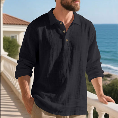Autumn American Style Loose Linen Flip Collar Button Casual Business Men's Long Sleeve Shirt