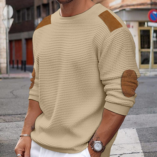 New Men's Knit Sweater Round Neck Long-Sleeve Patchwork Pullover Slim-Fit Top