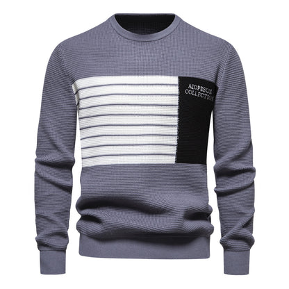 Autumn New Men's Sweater Striped Patch Long-Sleeve Round Neck Trendy Casual Knit