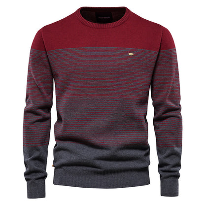 Retro Long-Sleeve Trendy Men's Sweater Slim Round Neck Striped Knit Fashion Top
