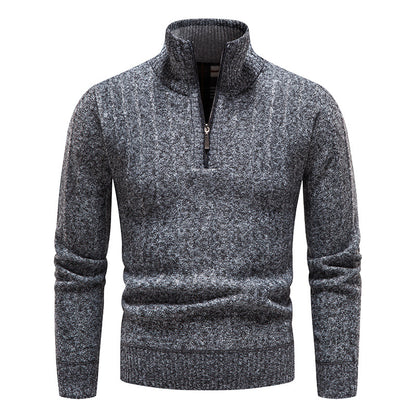 New Men's Stand Collar Pullover Sweater, Business Striped Fleece-Lined Knit Top