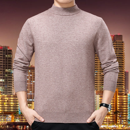 New Semi-Turtleneck Solid Color Sweater – Middle-Aged Men's Warm Stretch Knitwear with Mid-Neck Design