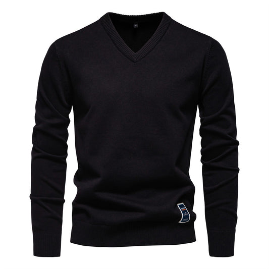 2025 Fall/Winter Men’s Cotton V-Neck Sweater | Trendy Solid Color Knit Pullover