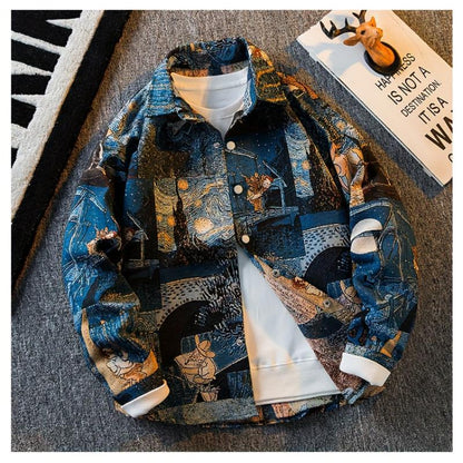 Men's Slim Fit Long Sleeve Shirt With Van Gogh Inspired Print