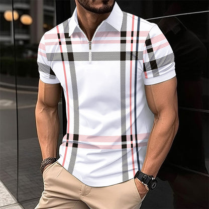 Summer Men's Print Plaid Stripe Polo Shirt Zipper Sport Polo Shirt