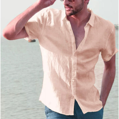 Summer Solid Color Linen Shirt Men's Thin New Short Sleeve Linen Shirt Trendy Beachwear
