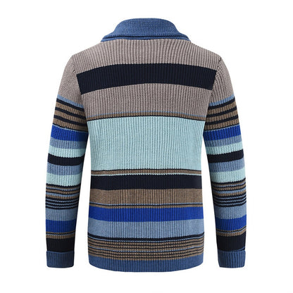 Men’s Knitted Cardigan with Lapel Contrast Color Thickened Winter Sweater