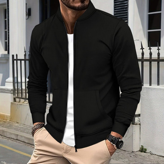 New Men's Waffle Knit Solid Color Zip-Up Baseball Jacket with Pockets