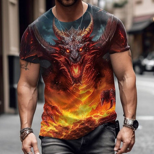 New Casual Versatile High-Quality Dragon Print Men's Short-Sleeve Tee
