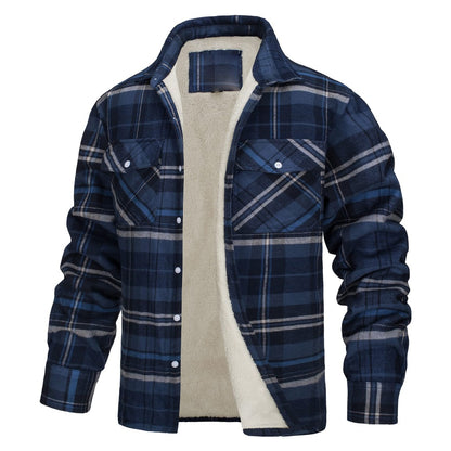 New Fleece-Lined Plaid Long-Sleeve Lapel Button-Up Casual Jacket