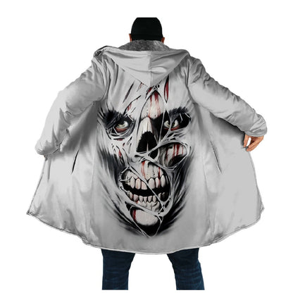 Skull Hooded Cape Button-Up 3D Print Fleece-Lined Trench Coat