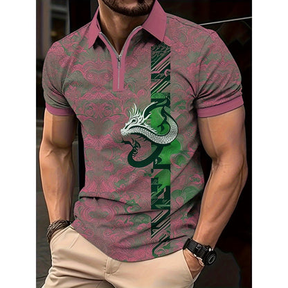 Men's Summer Hot Seller Dragon Pattern 3D Print Gradient Casual Business Zipper Short Sleeve Golf Polo Shirt