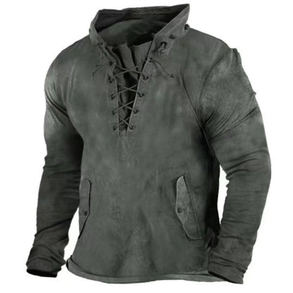 Men's Retro Tie-Front Hooded T-Shirt Loose Solid Color Outdoor Casual Top