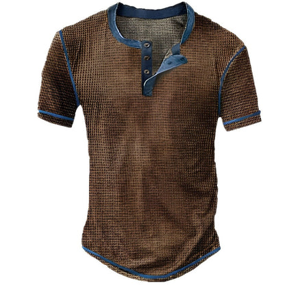 Semi-Button Digital Print Slim Fit Henley Neck Men's Top
