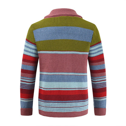 Men’s Knitted Cardigan with Lapel Contrast Color Thickened Winter Sweater