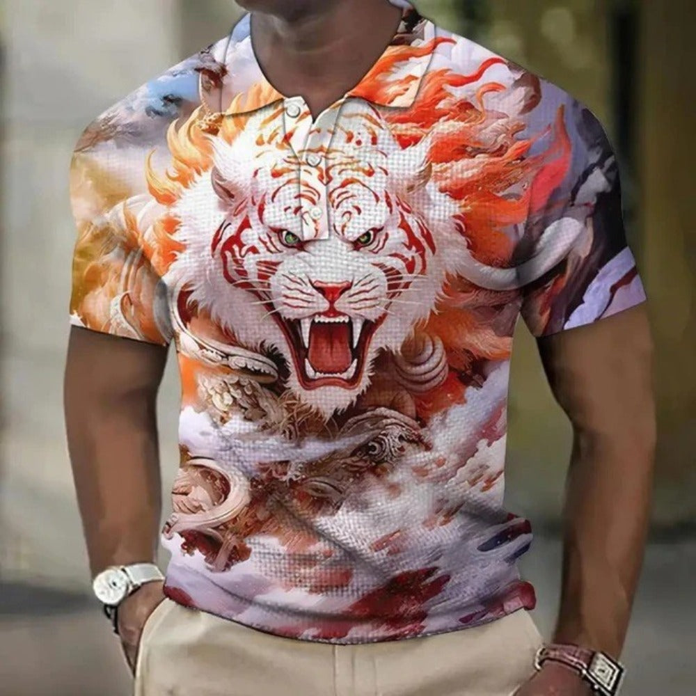 New Summer Men's Polo Shirt Patchwork Print 3D Print Simple Turn-Down Collar Button Shirt