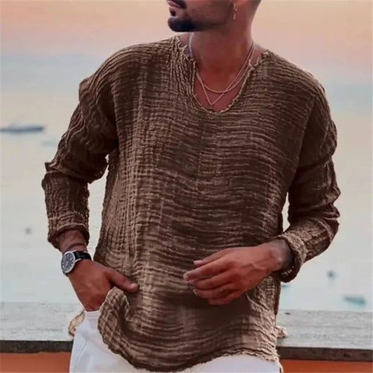 Youth Washed Distressed V-Neck Linen Long-Sleeve Shirt with Frayed Hem