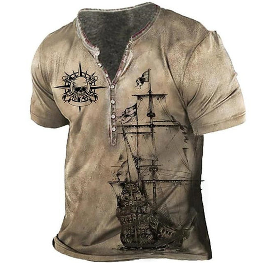 Bestselling Men's Seven-Button Open Front T-Shirt (Plus Size 3D Sailboat Print)