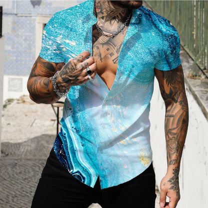 Beach Surf Men's Shirt 3D Digital Geometric Hawaiian Print Muscle Short Sleeve