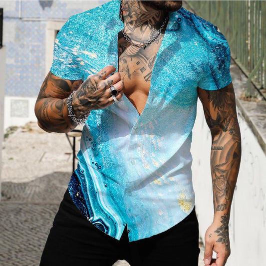 Beach Surf Men's Shirt 3D Digital Geometric Hawaiian Print Muscle Short Sleeve