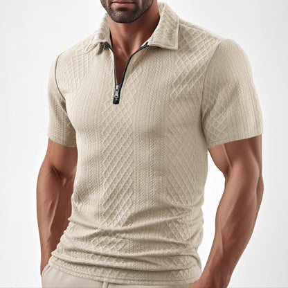 Men's Wear New Casual Polo Zipper Turn-Down Collar Shirt Solid Color Short Sleeve Business Slim Fit