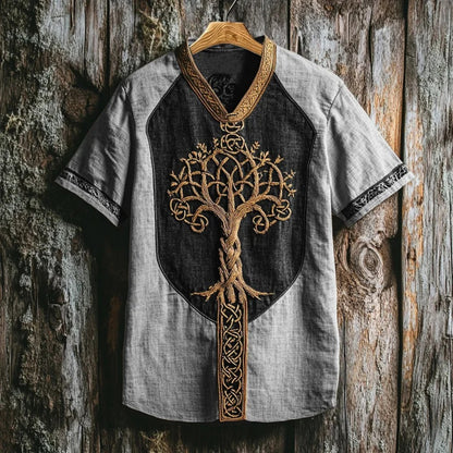 Summer Men's Linen Loose Fit Round-Neck Ethnic 3D Digital Print T-Shirt