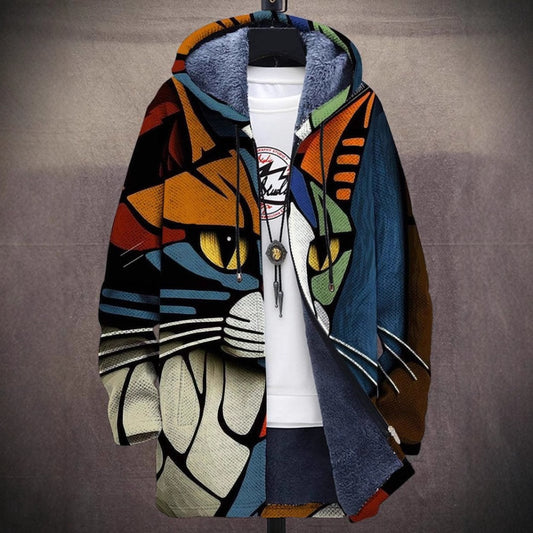 New Cat-Themed Fleece-Lined Zip-Up Hooded Jacket