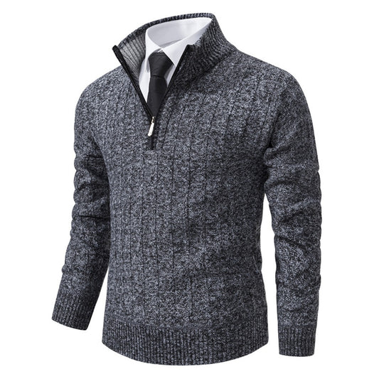 New Men's Half-Zip Pullover Knitted Sweater with Fleece Lining, Thickened Warm Base Layer