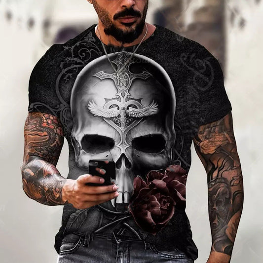 Summer Skull 3D Print Hip-Hop Trendy Short-Sleeve Casual Tee