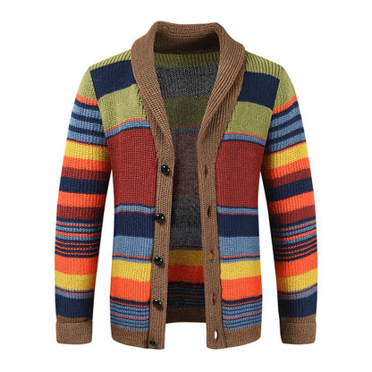 Men’s Knitted Cardigan with Lapel Contrast Color Thickened Winter Sweater