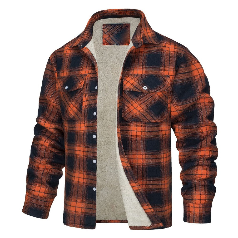 New Fleece-Lined Plaid Long-Sleeve Lapel Button-Up Casual Jacket