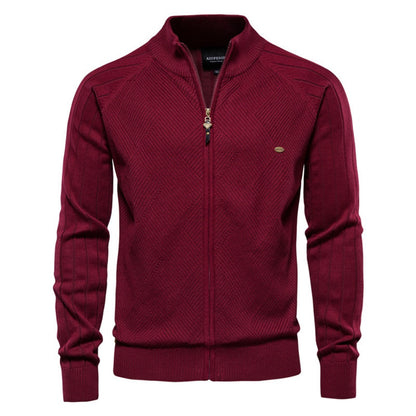 2025 Fall & Spring Men’s Cardigan Sweater - Solid Color Ribbed Collar Knit Pullover, Casual High Neck