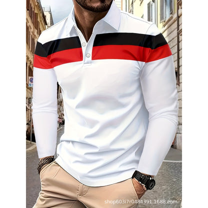 New Men's Casual Polo Shirt Long Sleeve 3D Print Spring Autumn Style Turn-Down Collar Top