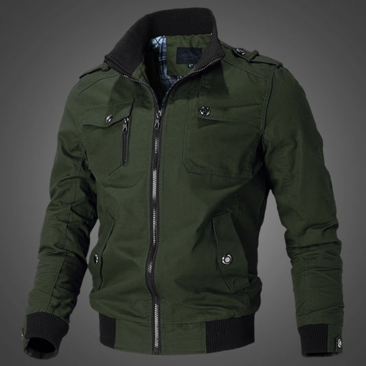 Stand Collar Washed Cotton Military Jacket with Epaulets