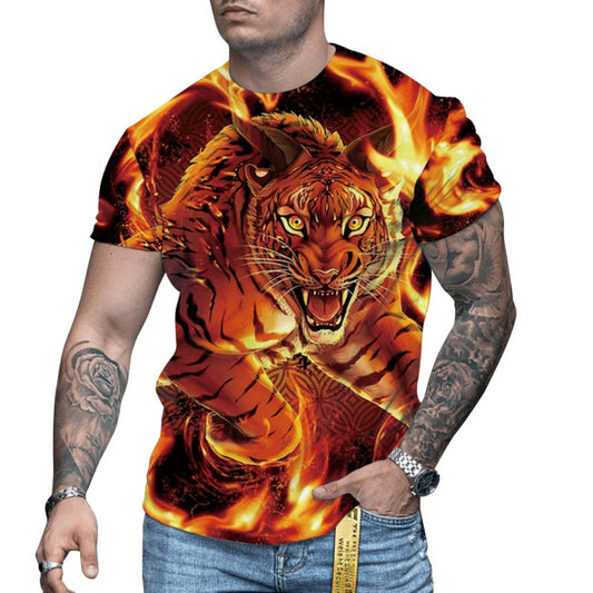 Summer Men's 3D Wolf Print Loose Round-Neck Casual Tee